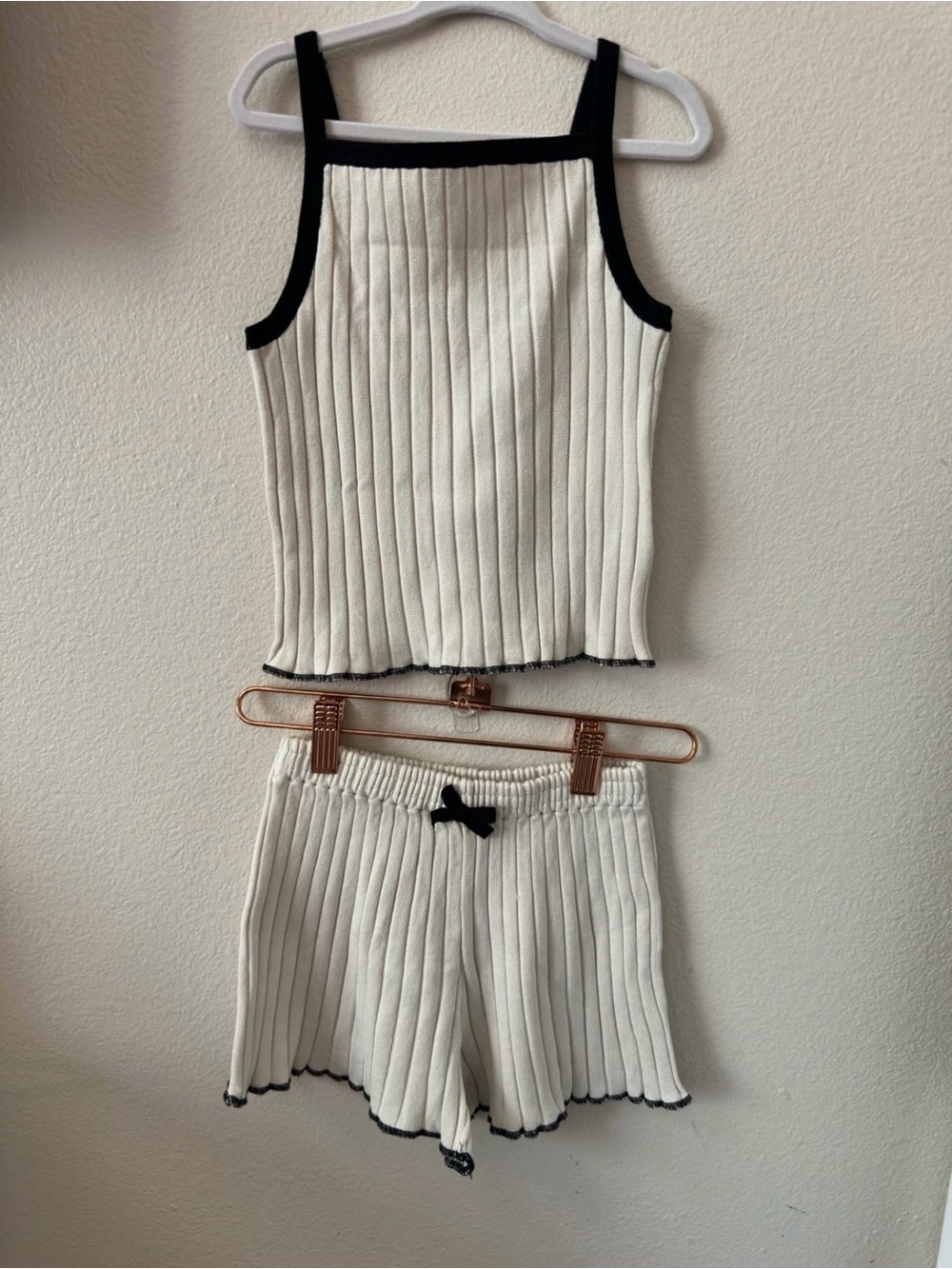 H&M Cream Knit Ribbed Tank & Shorts Set with Black Trim